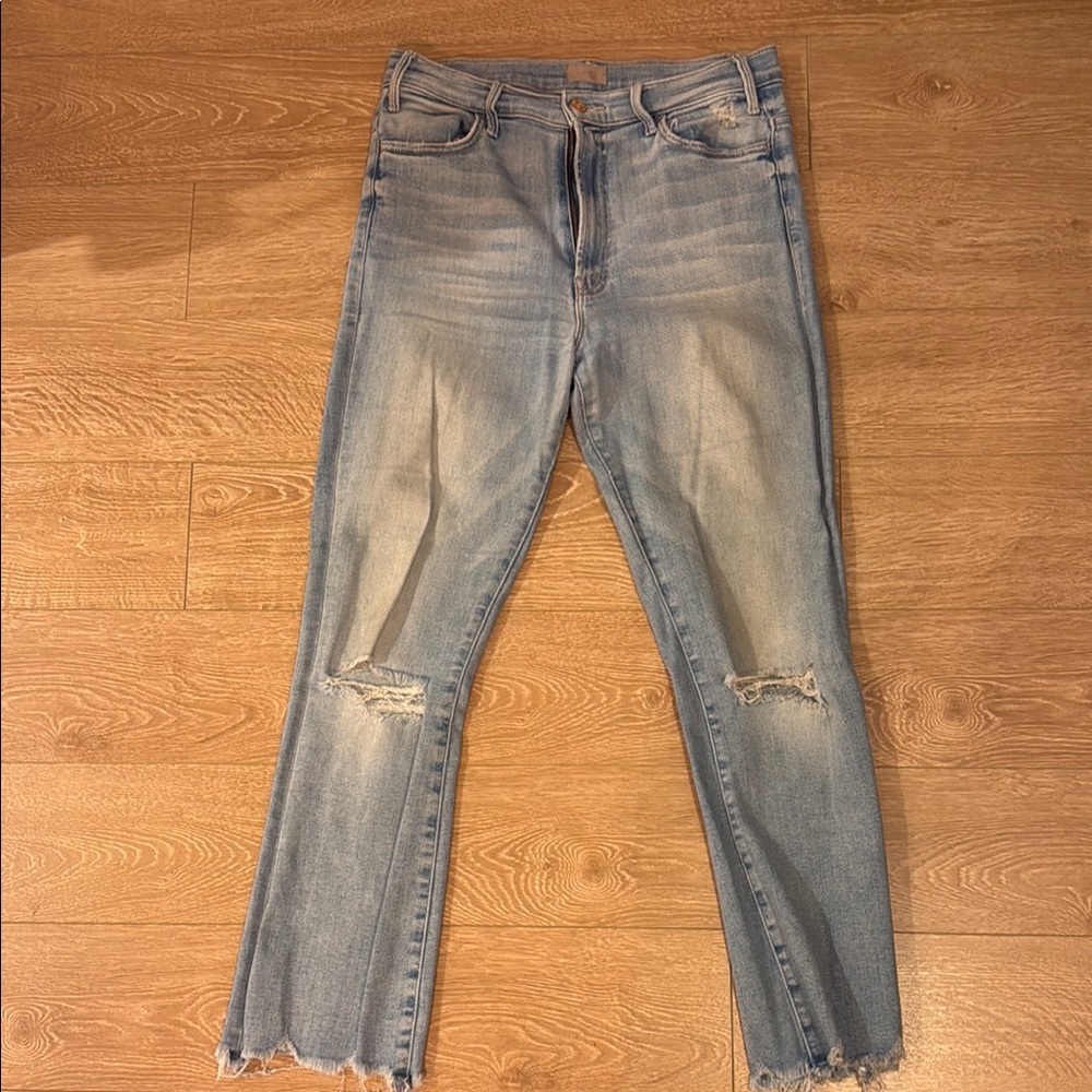 MOTHER Blue Ankle Cropped Jeans with Distressed Details